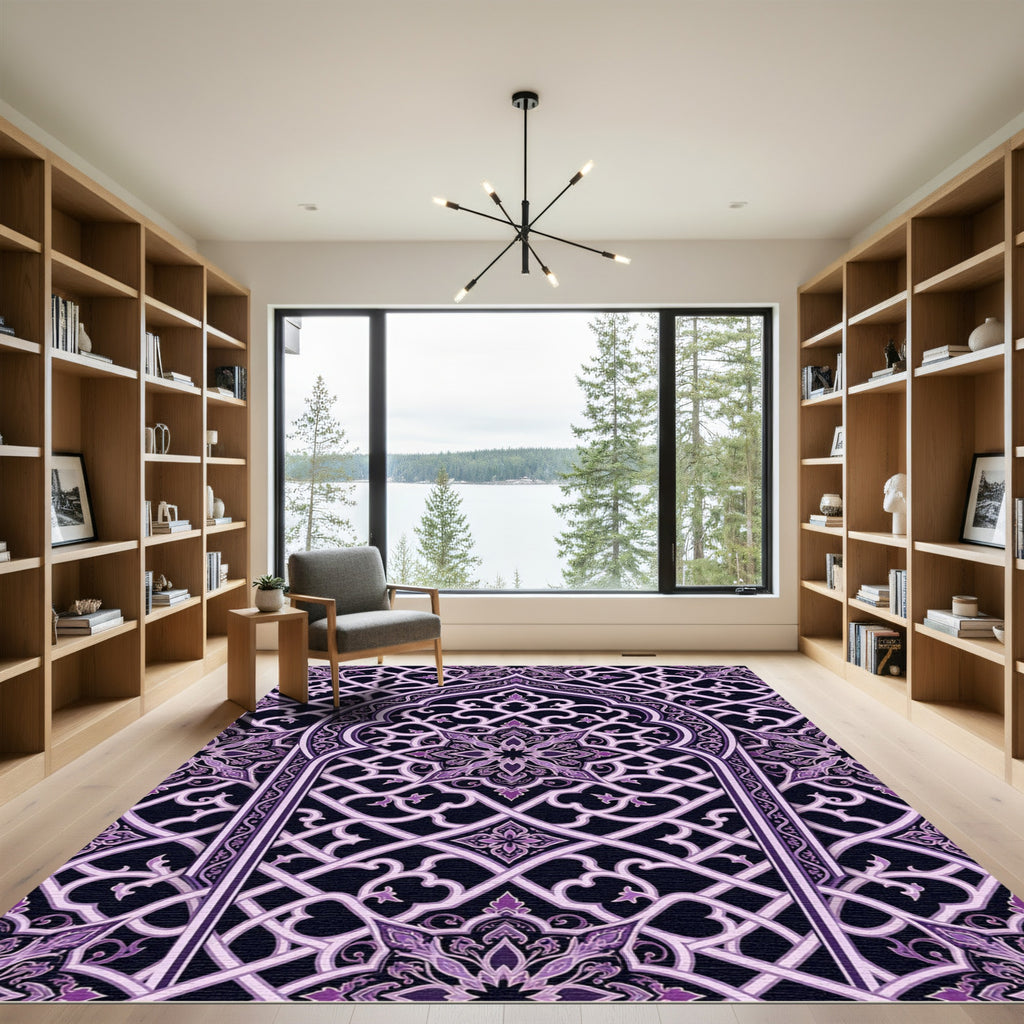 Ornate Violet Damask Lattice Arch Rug