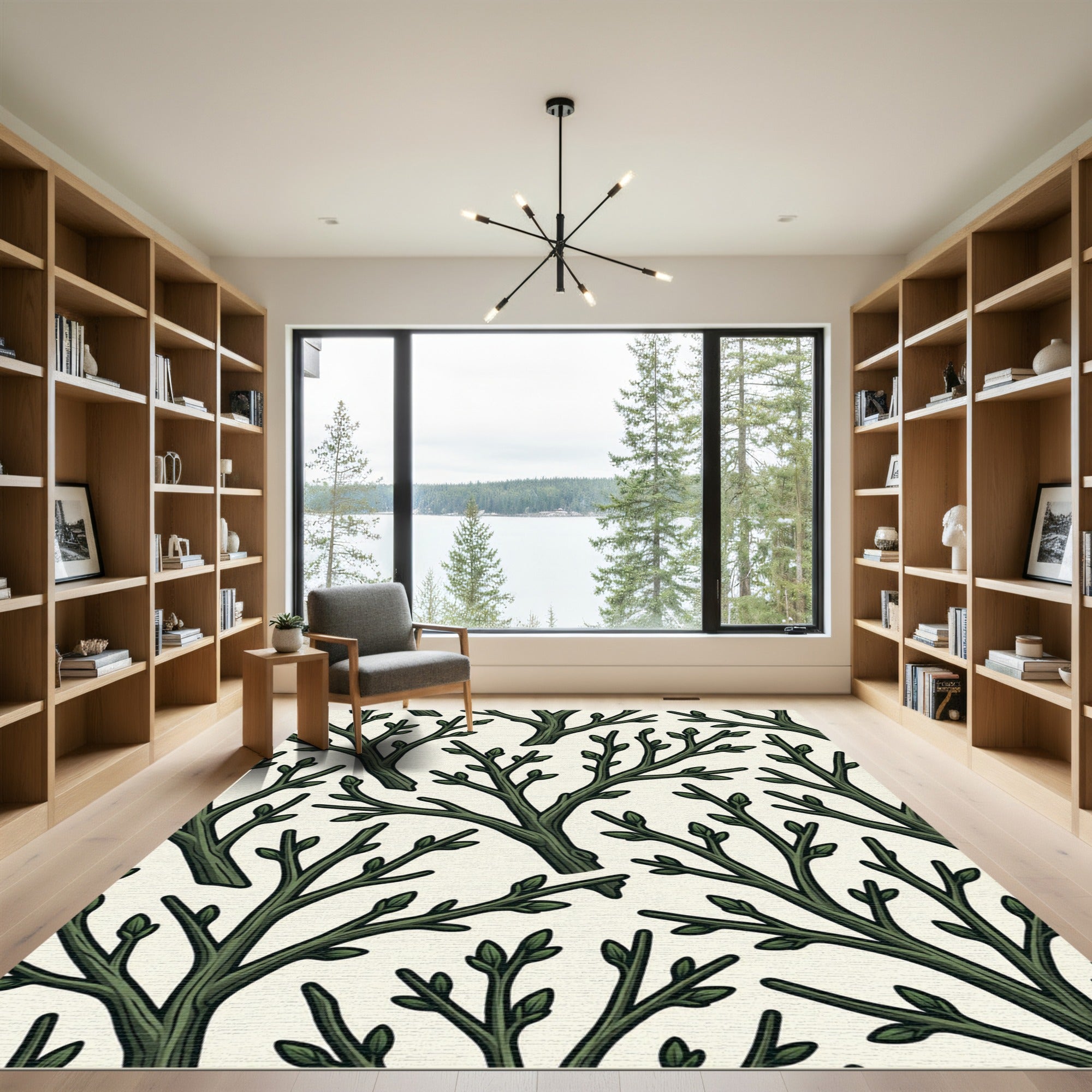 Dark Green Branch Natural Silhouette Rug