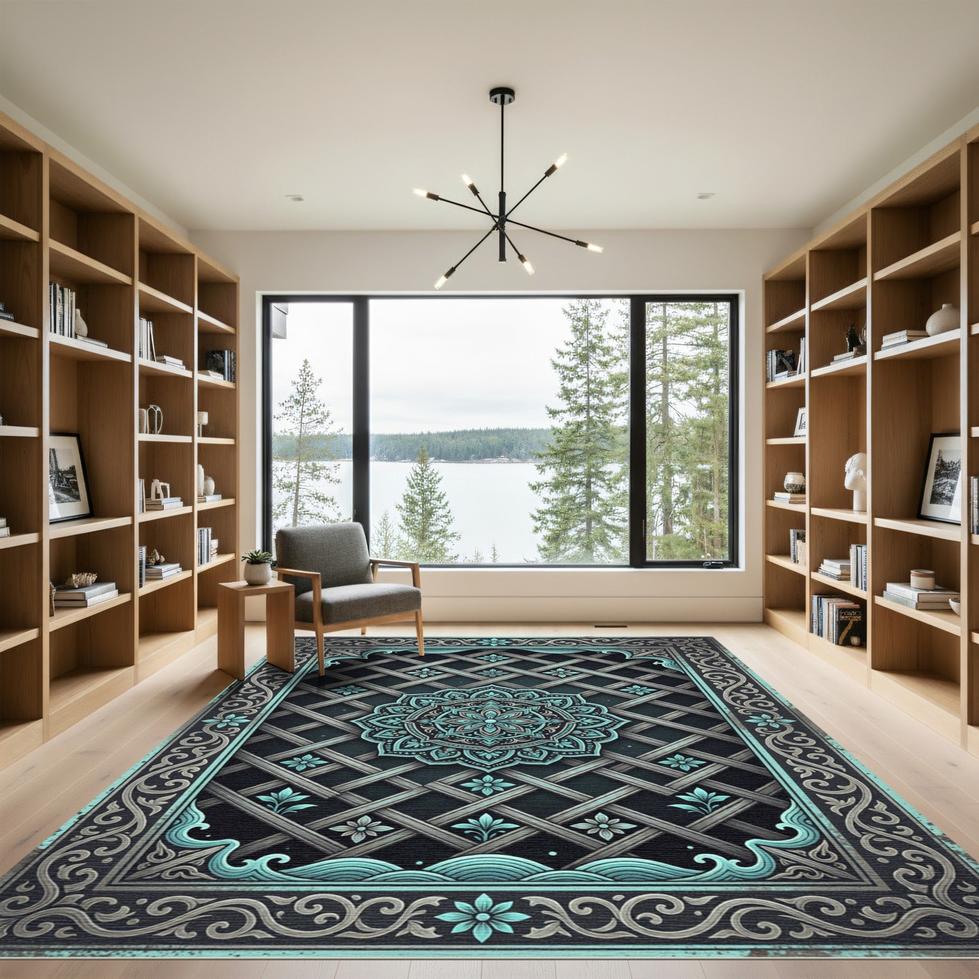 Turquoise Mandala Lattice Frame Rug