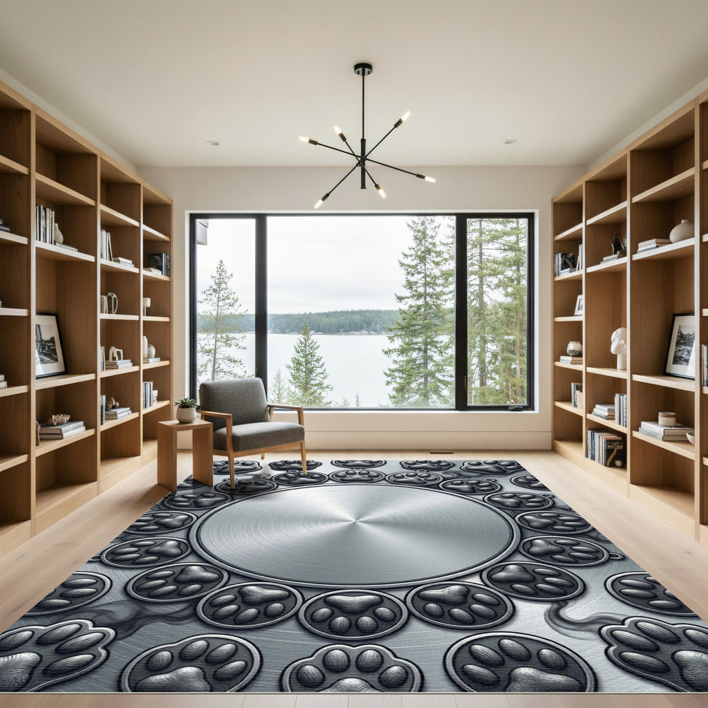 Brushed Silver Metallic Paw Print Medallion Rug