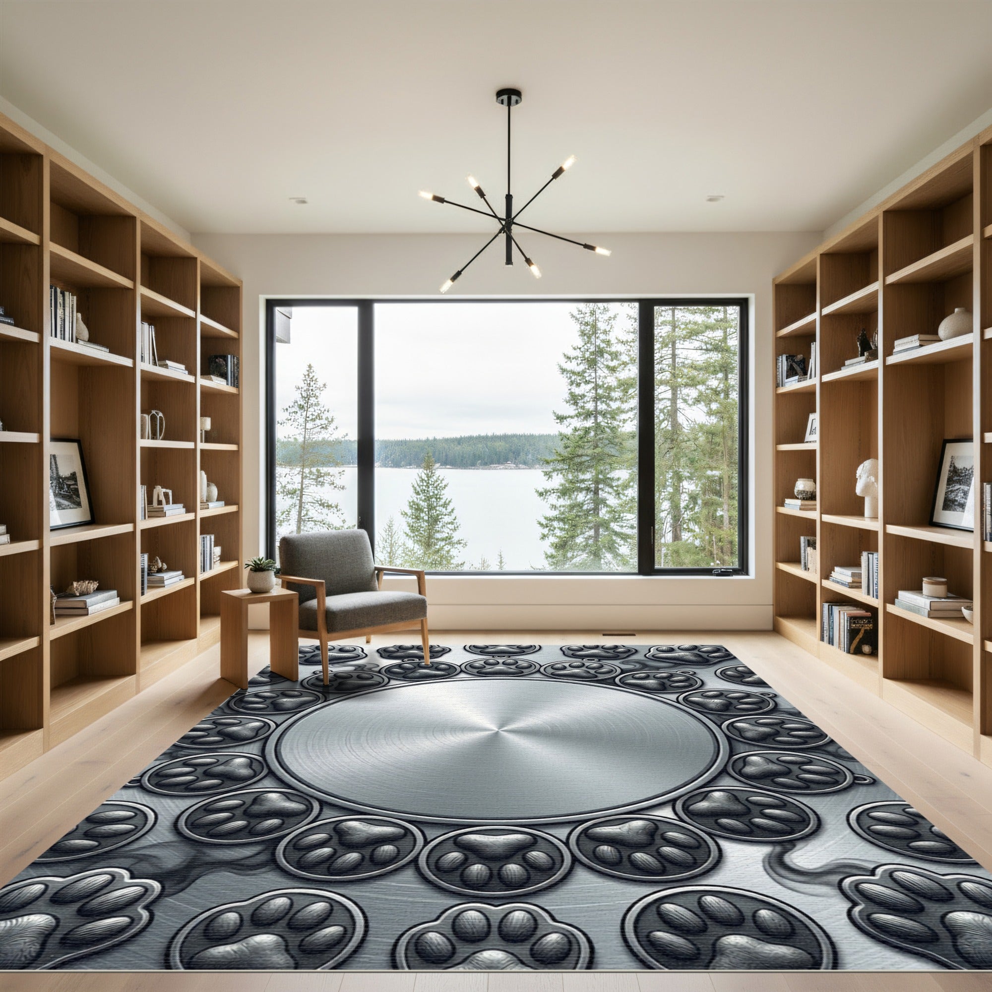Brushed Silver Metallic Paw Print Medallion Rug