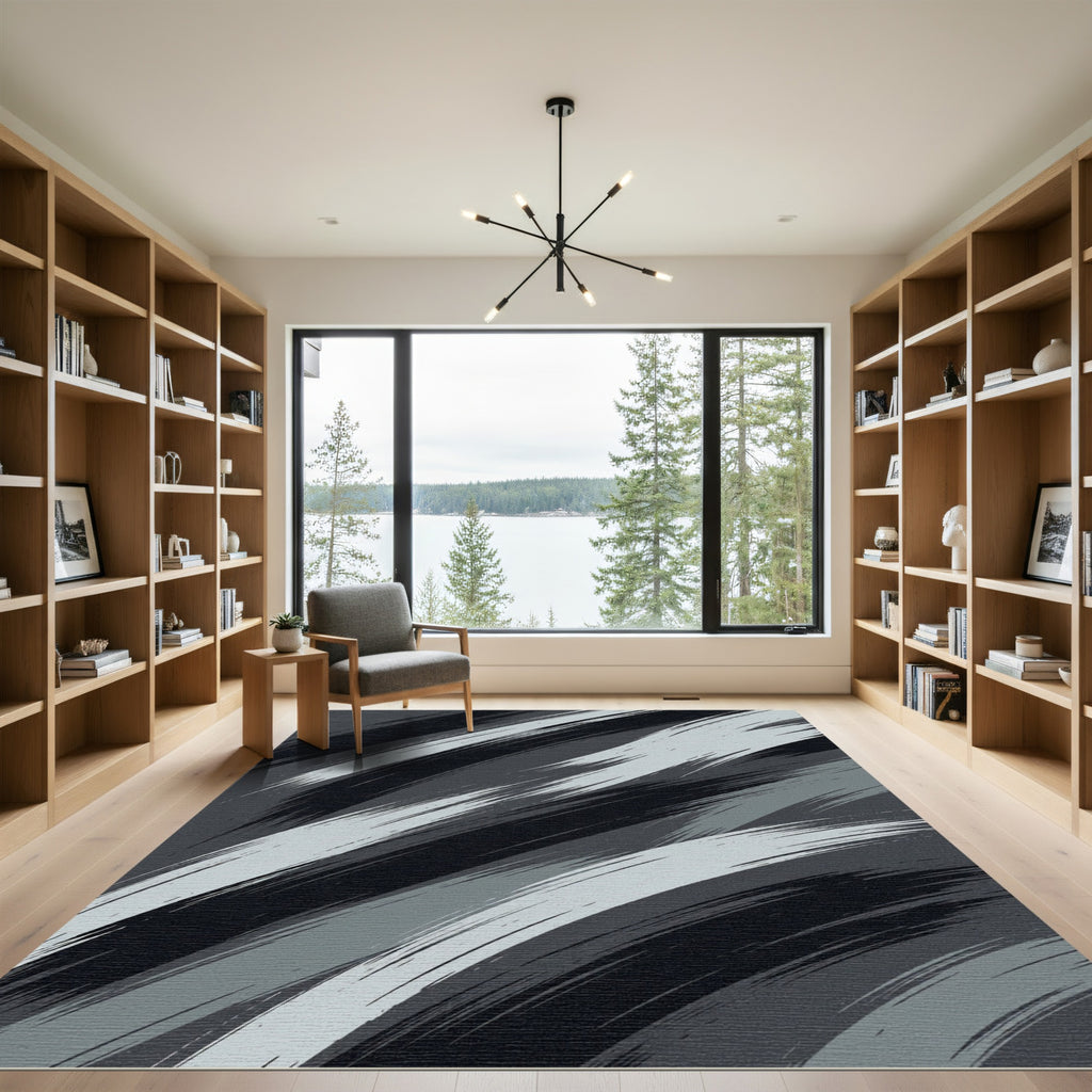 Modern Monochromatic Gray Abstract Brushstroke Rug