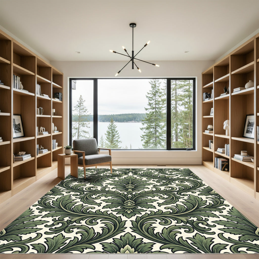 Elegant Forest Green Acanthus Scroll Rug
