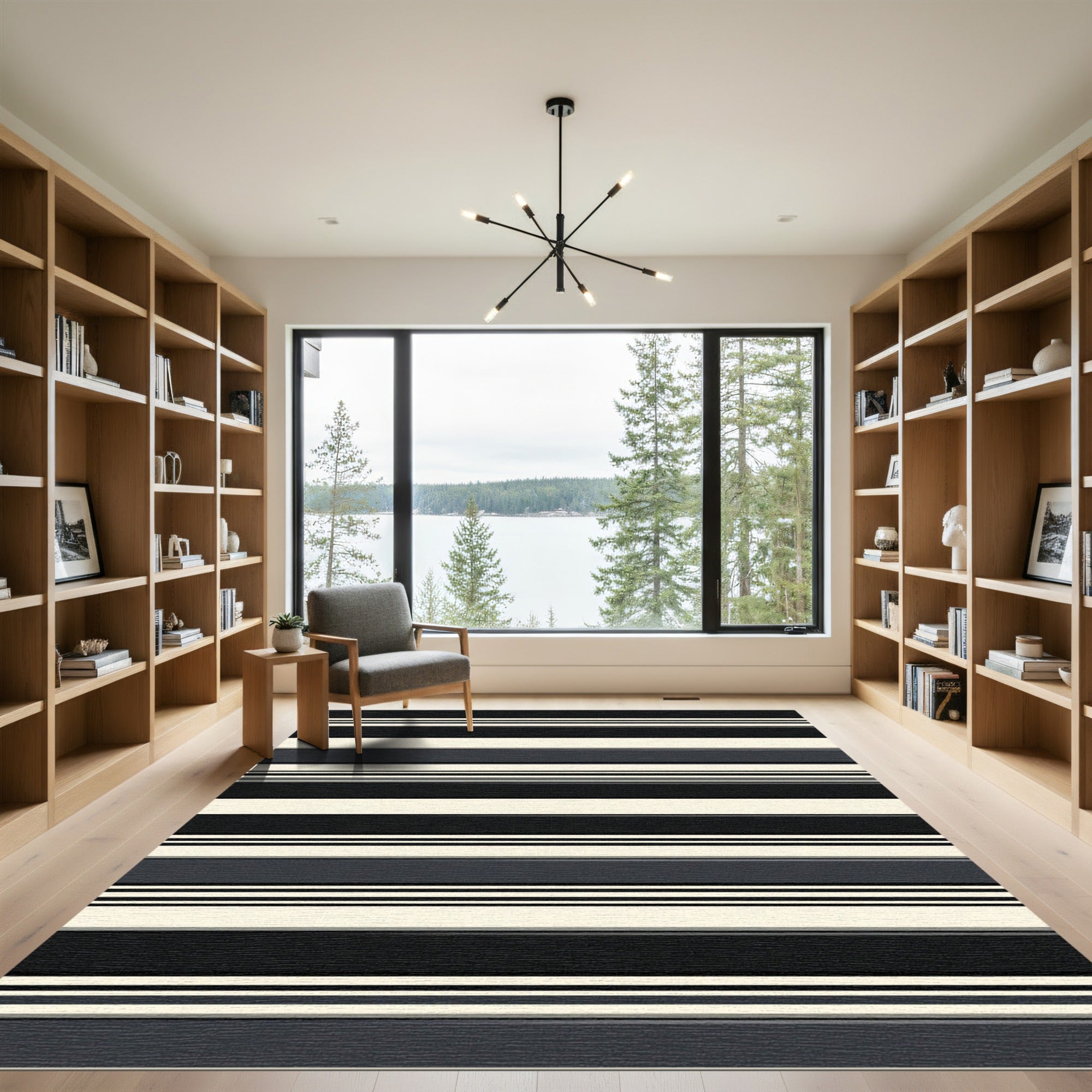 Modern Black Cream Striped Rug