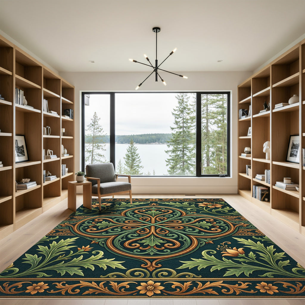 Elegant Ornate Emerald Gold Floral Medallion Rug