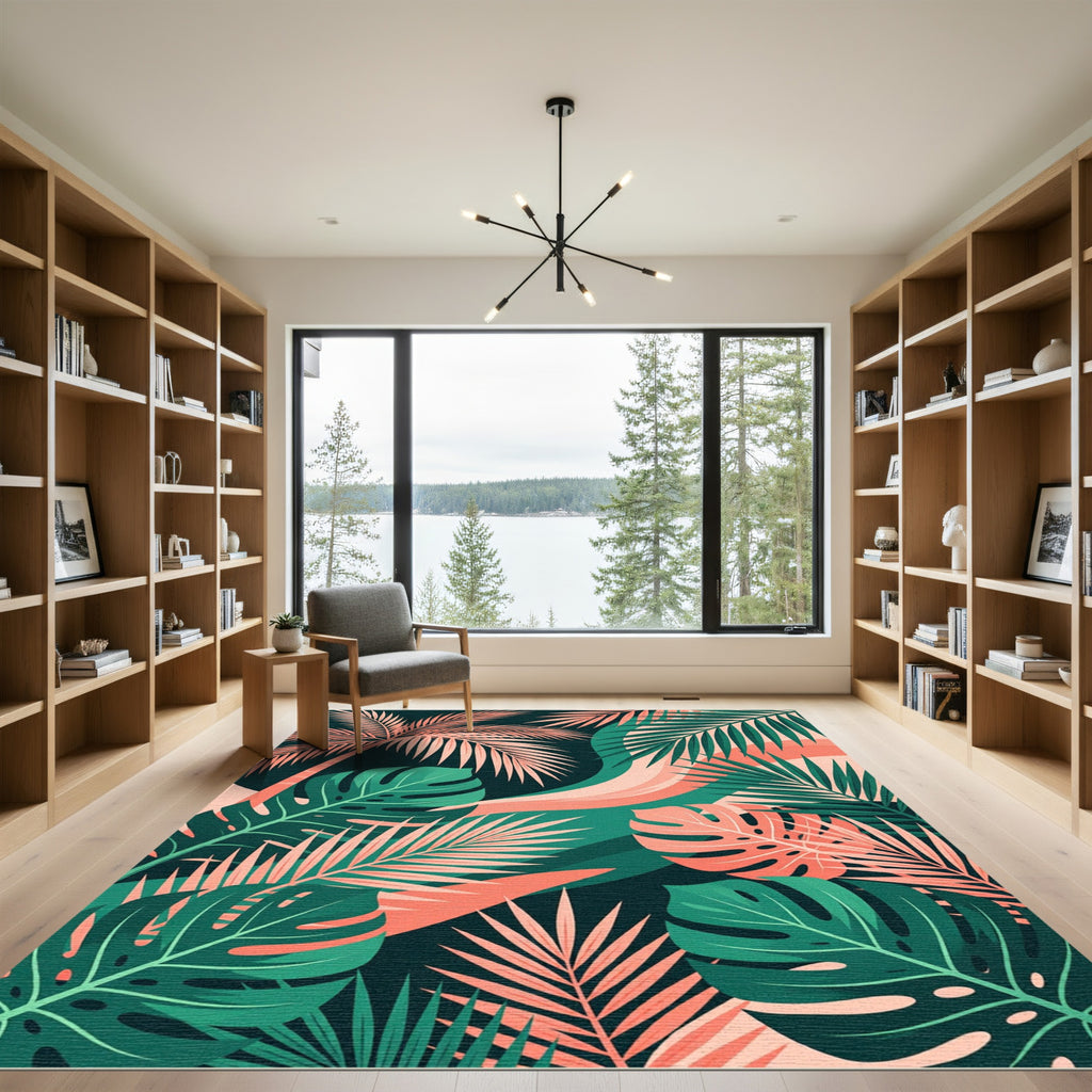 Lush Tropical Foliage Pink Palm Leaf Rug