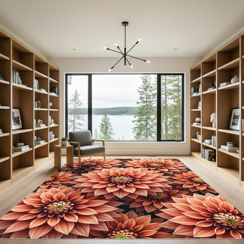 Coral Dahlia Floral Burst Rug