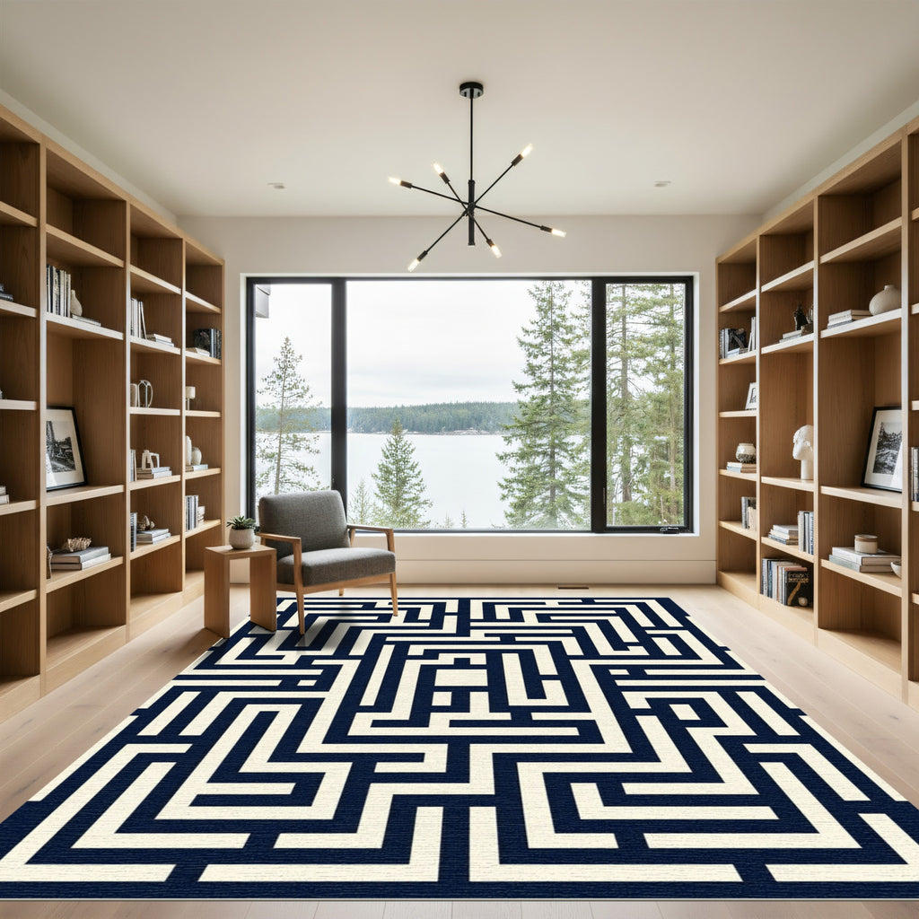 Modern Navy Monochrome Labyrinth Maze Area Rug