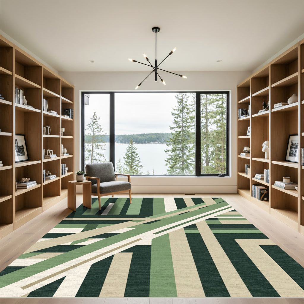 Minimalist Olive Geometric Linear Abstract Rug