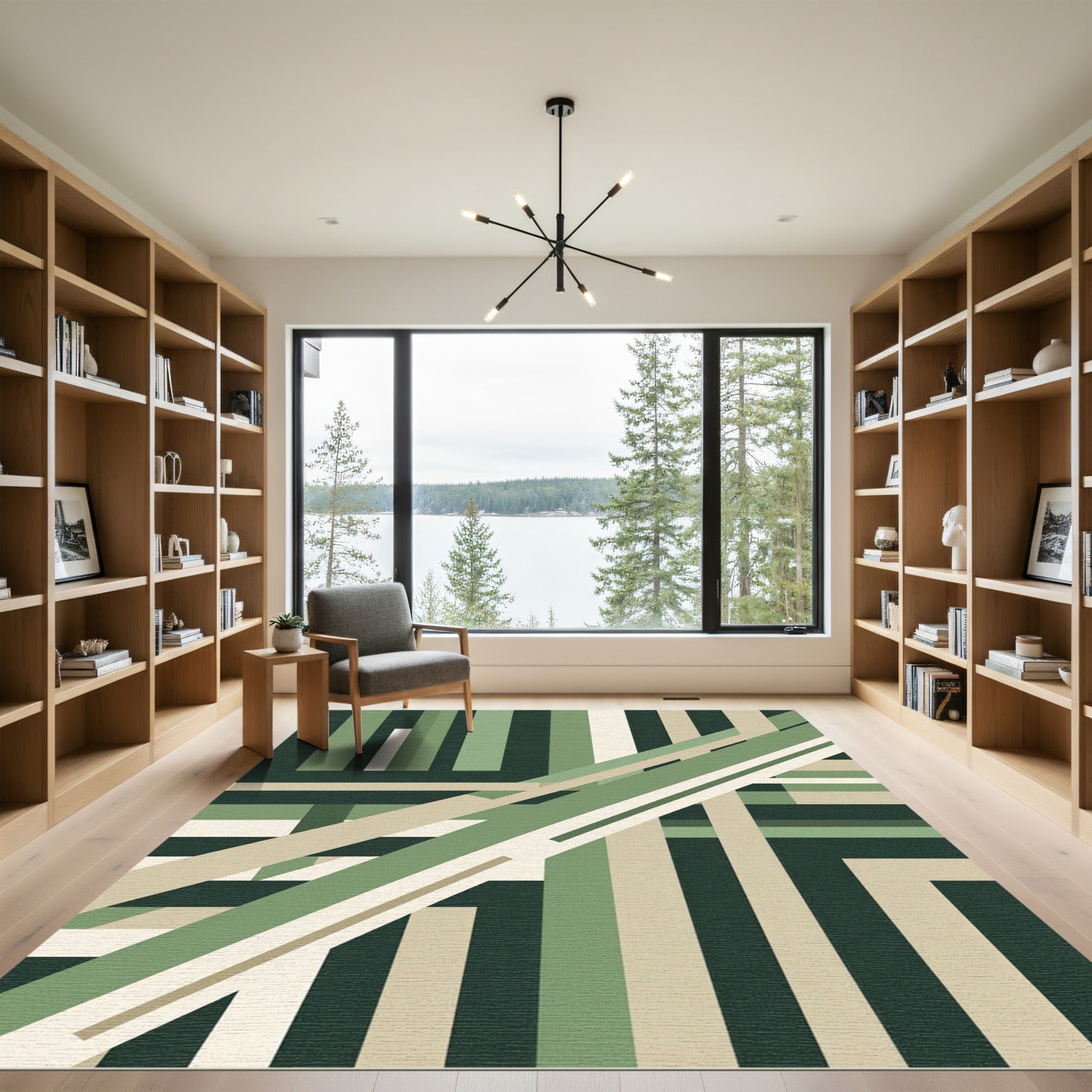 Minimalist Olive Geometric Linear Abstract Rug