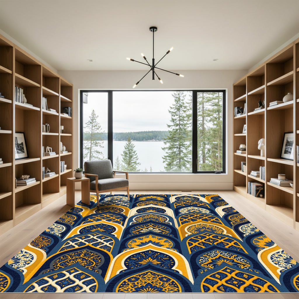 Ornate Golden Arched Midnight Indigo Mosaic Rug