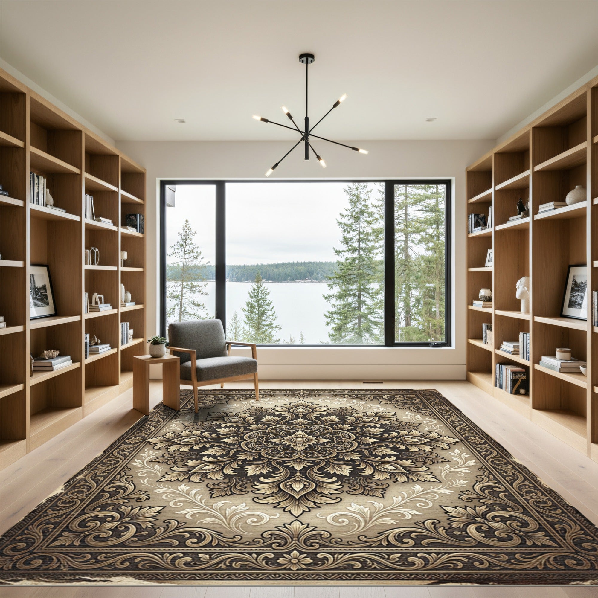 Ornate Gold Floral Damask Medallion Rug