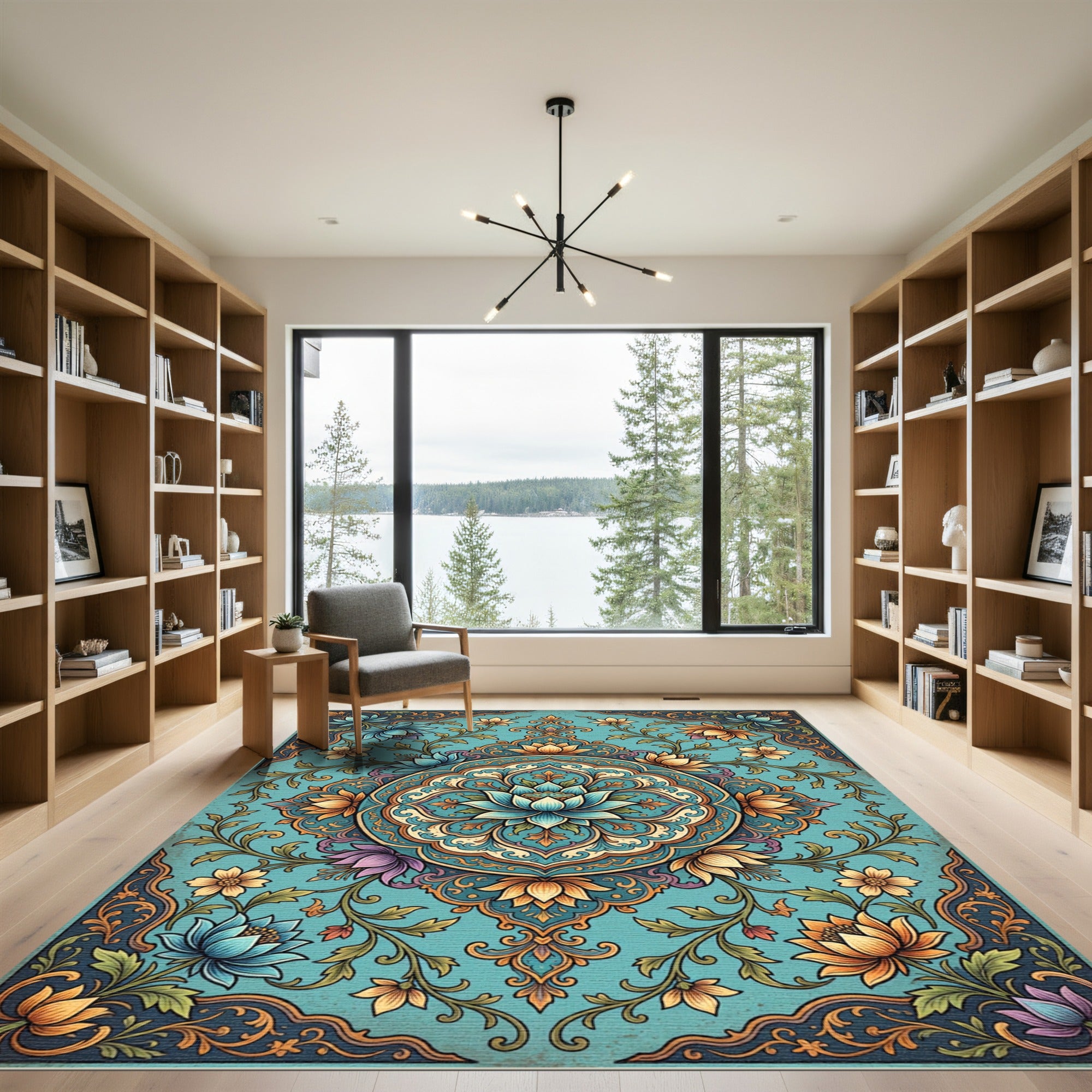 Teal Lotus Medallion Floral Flourish Rug