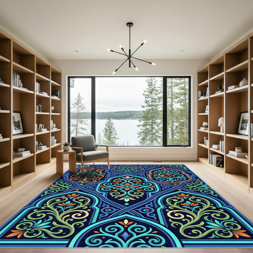 Ornate Azure Teal Scroll Floral Medallion Rug