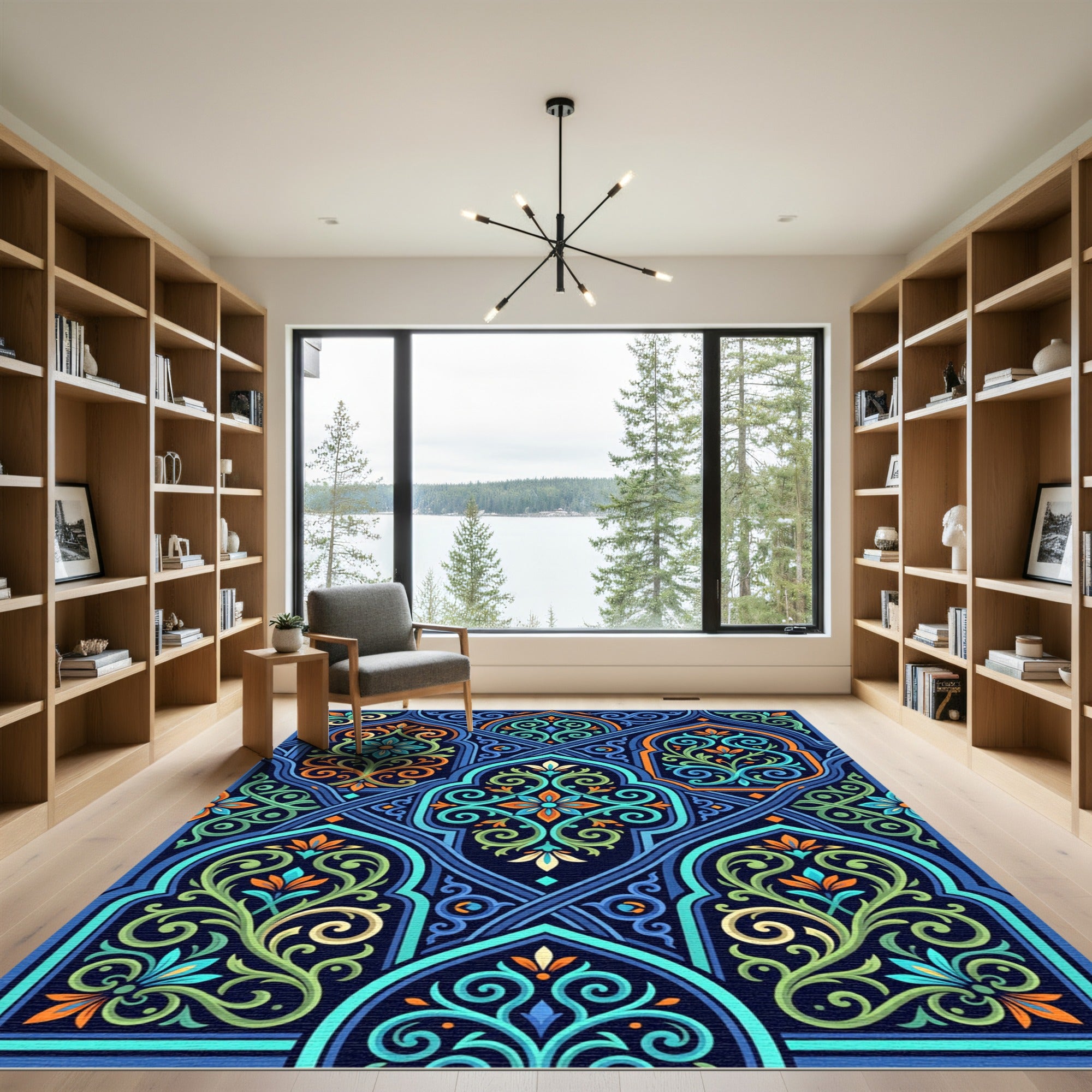 Ornate Azure Teal Scroll Floral Medallion Rug