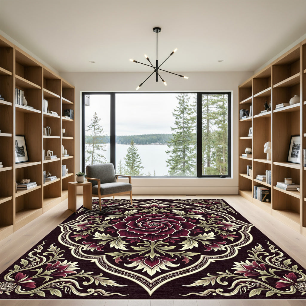 Deep Burgundy Floral Medallion Floret Rug