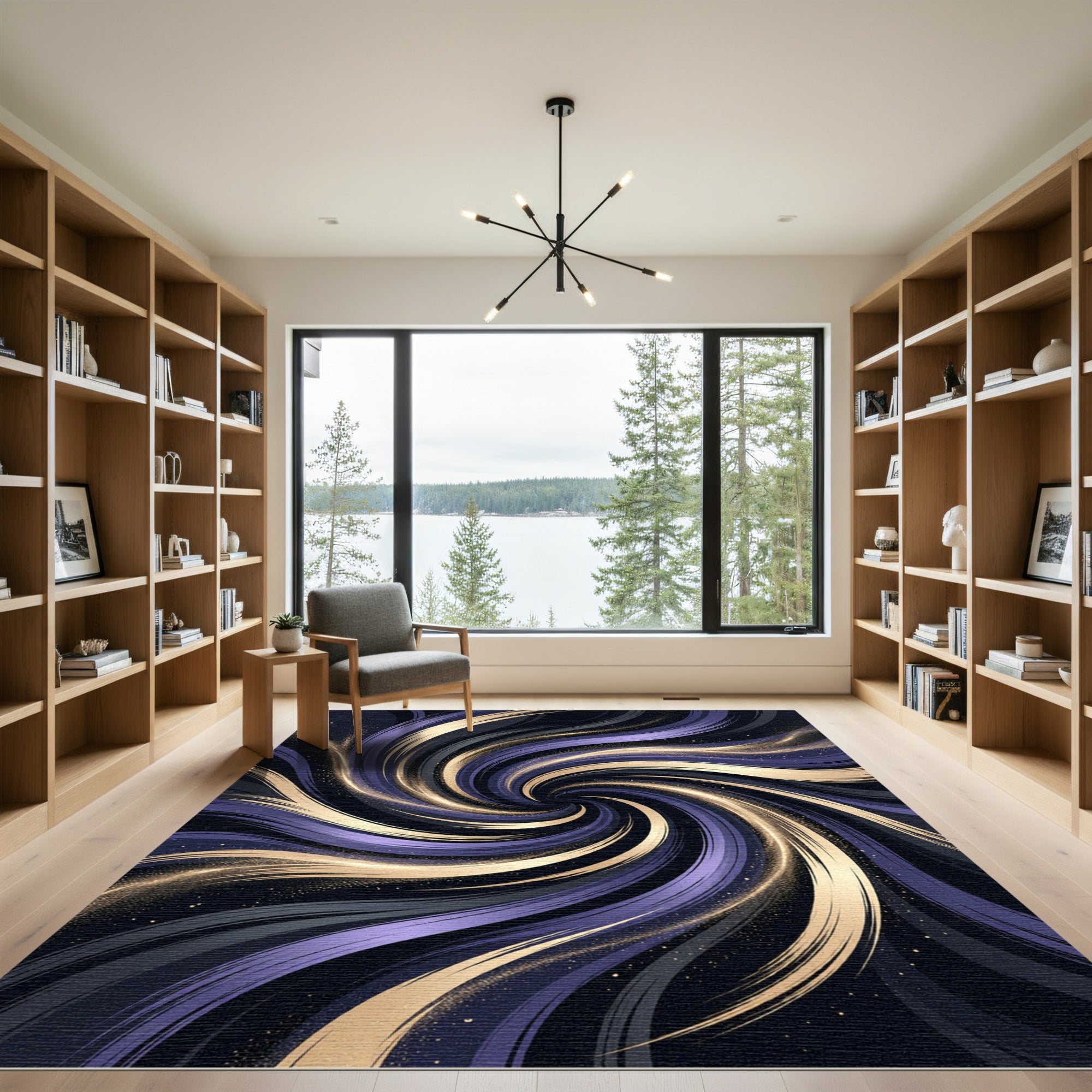 Abstract Cosmic Gold and Violet Swirl Rug