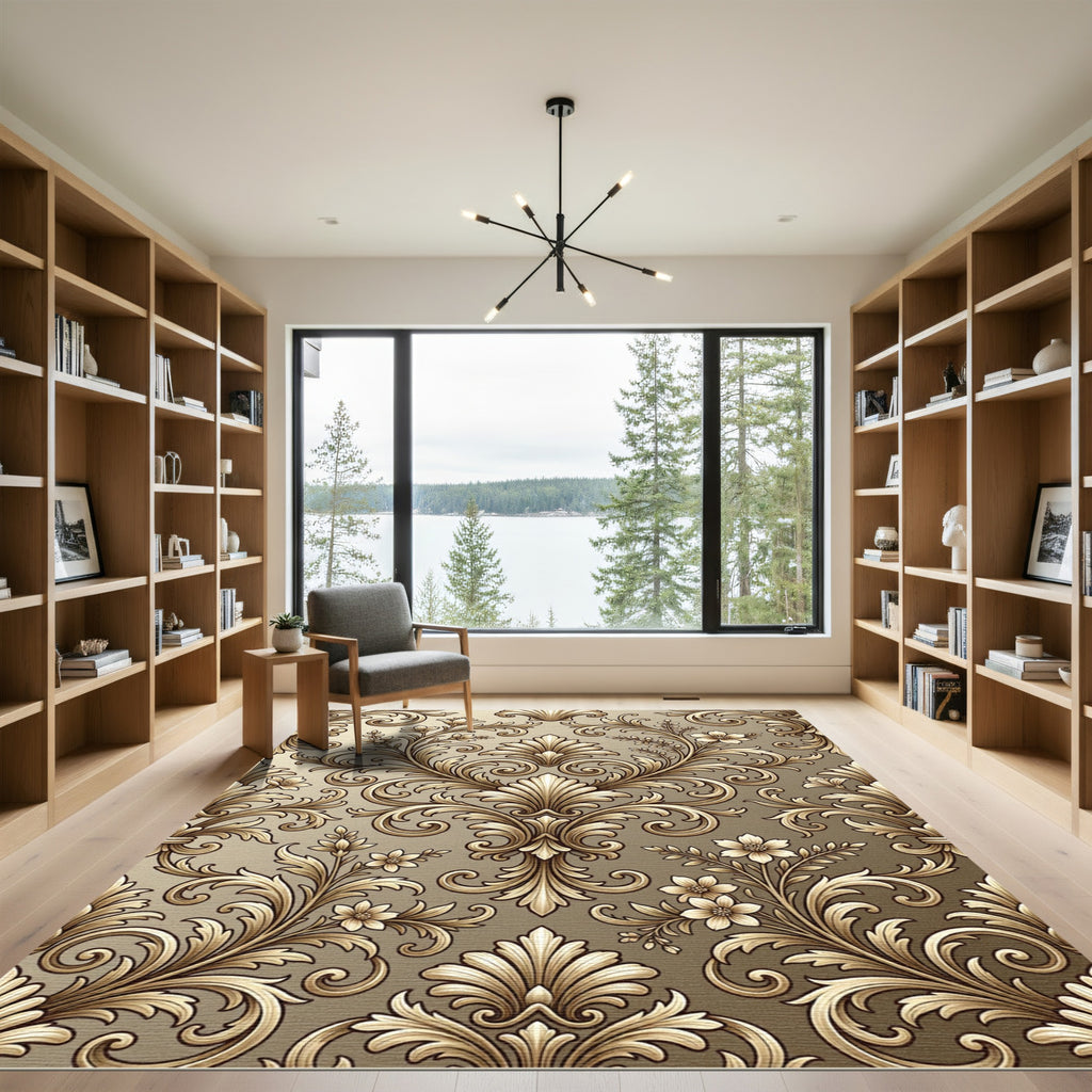 Golden Baroque Floral Swirl Rug