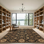 Golden Floral Fish Black Rug