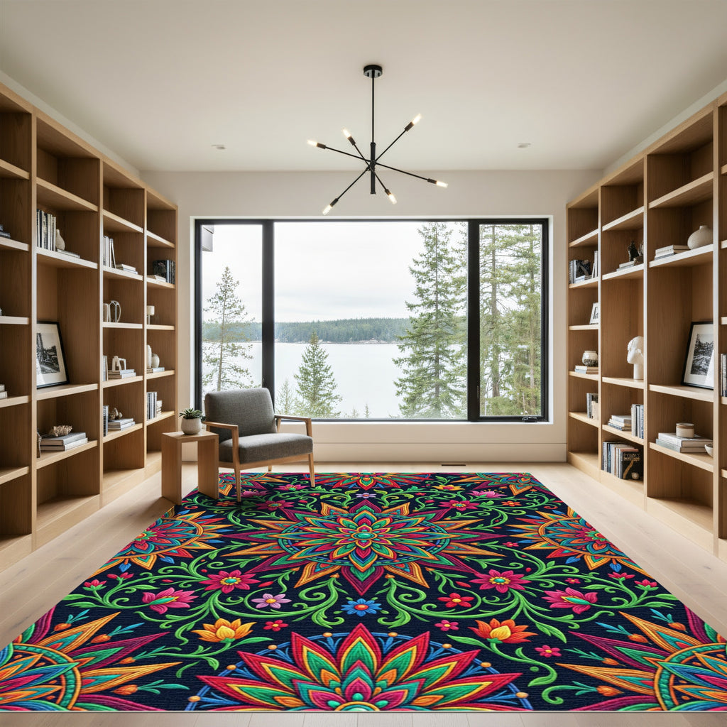 Vibrant Floral Mandala Geometric Tile Rug