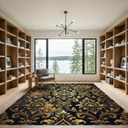 Ornate Gold Black Damask Scrollwork Rug