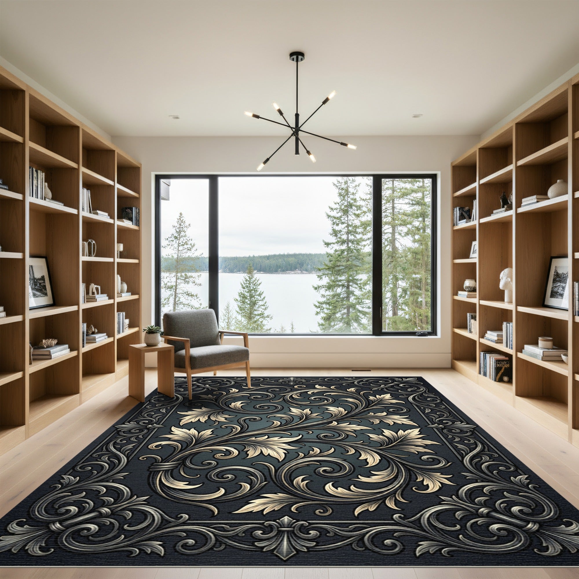 Ornate Scrolling Golden Leaf Motif Rug