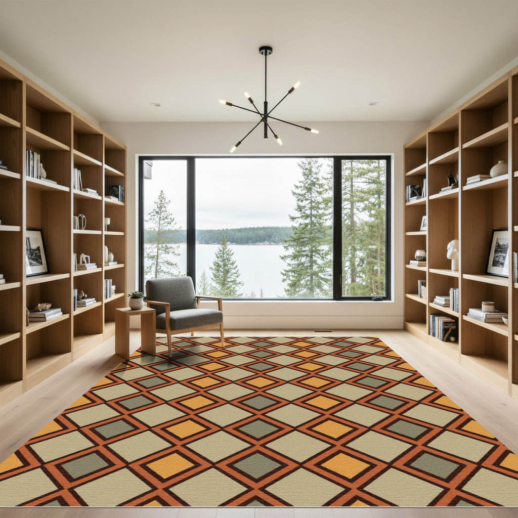 Mid-Century Earthy Geometric Diamond Grid Rug