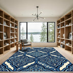 Navy Blue Scroll Floral Arabesque Rug
