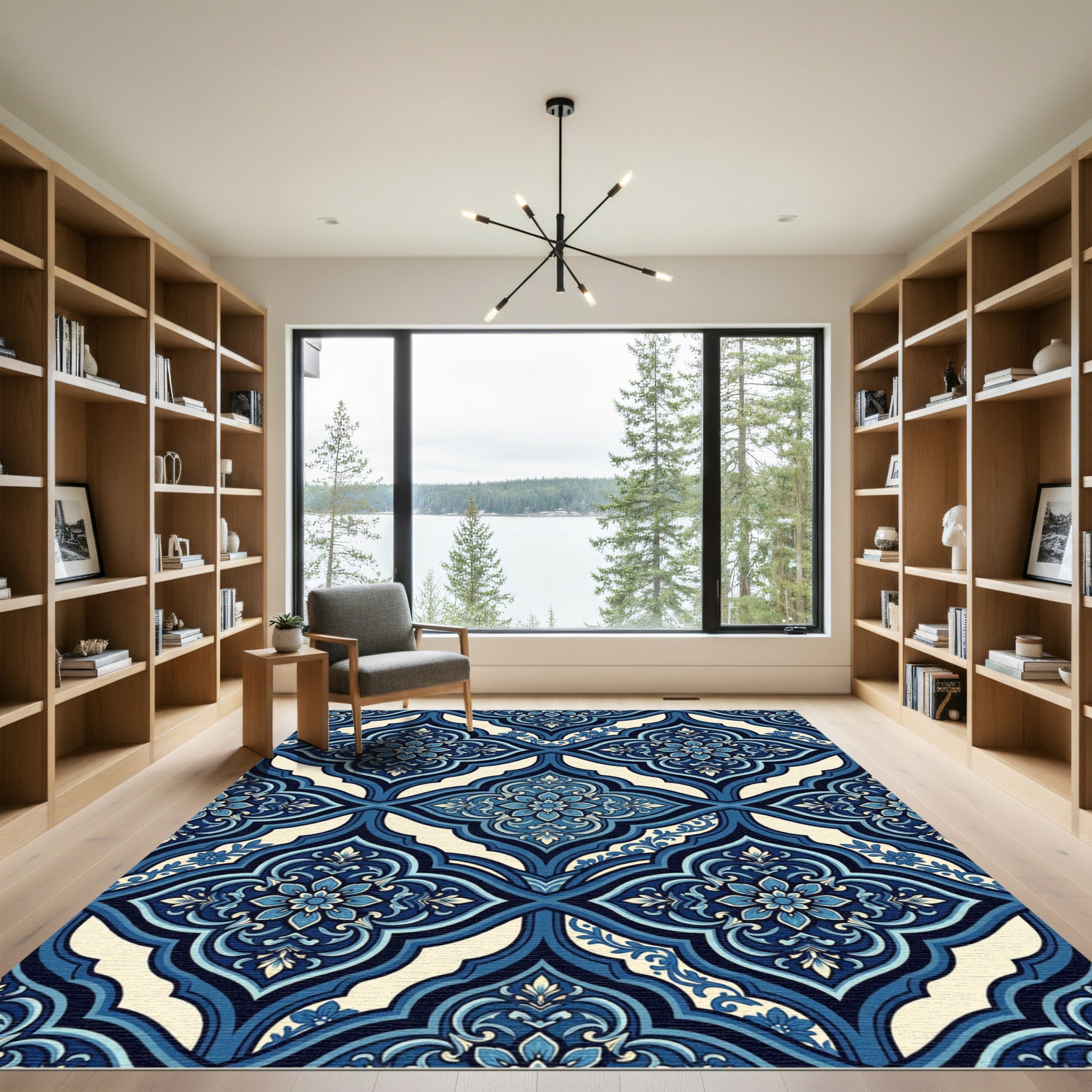 Navy Blue Scroll Floral Arabesque Rug