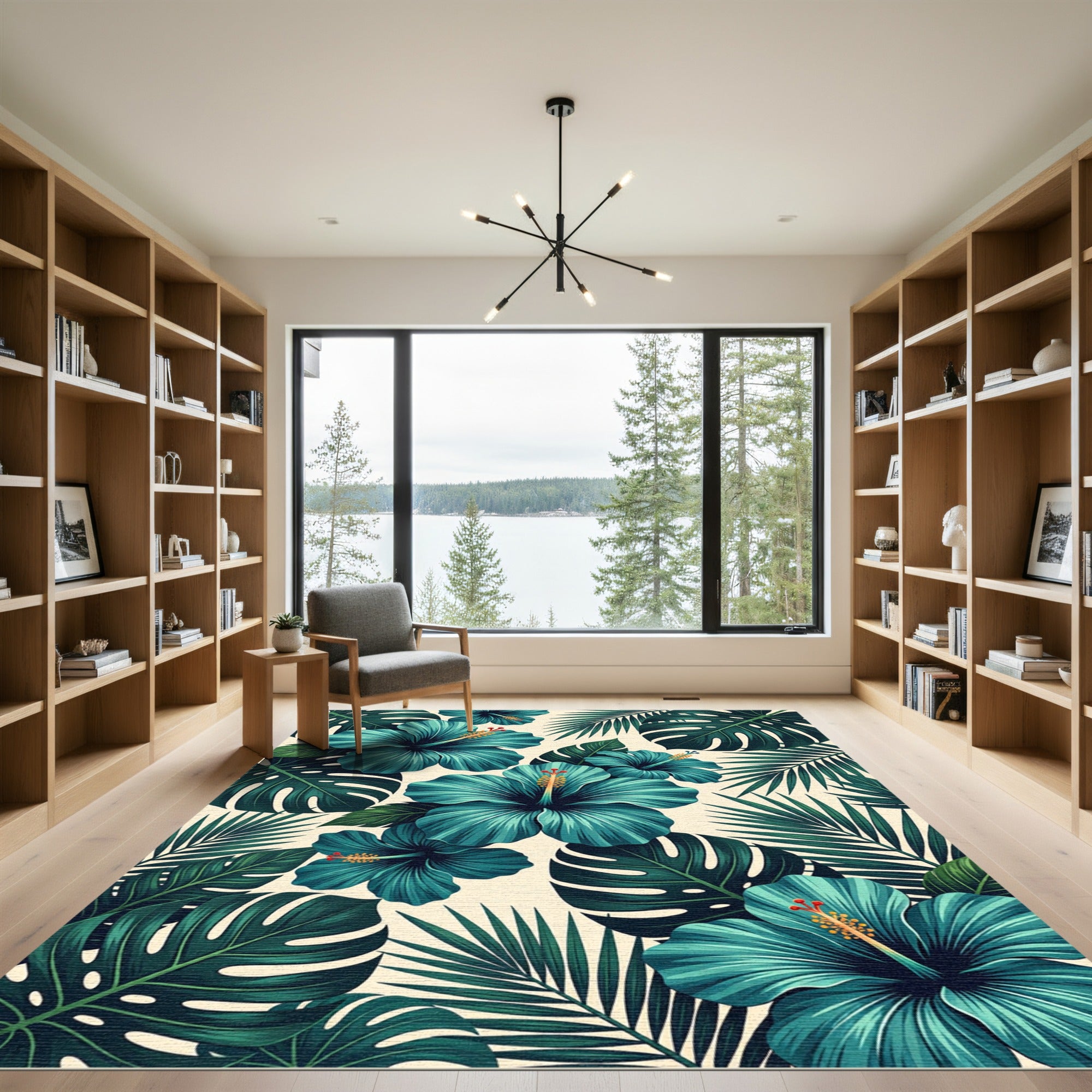 Tropical Teal Hibiscus Leaf Pattern Rug