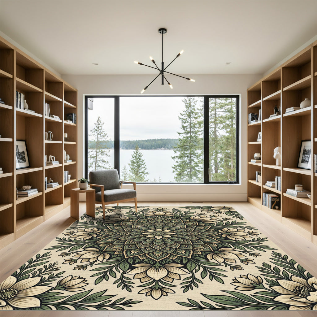 Sage Green Floral Mandala Medallion Rug