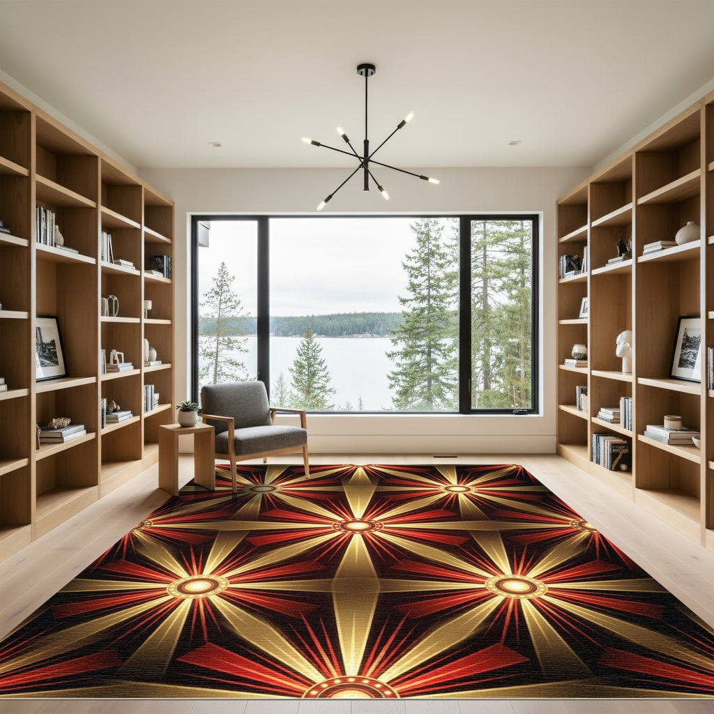 Radiant Gold And Crimson Starburst Rug