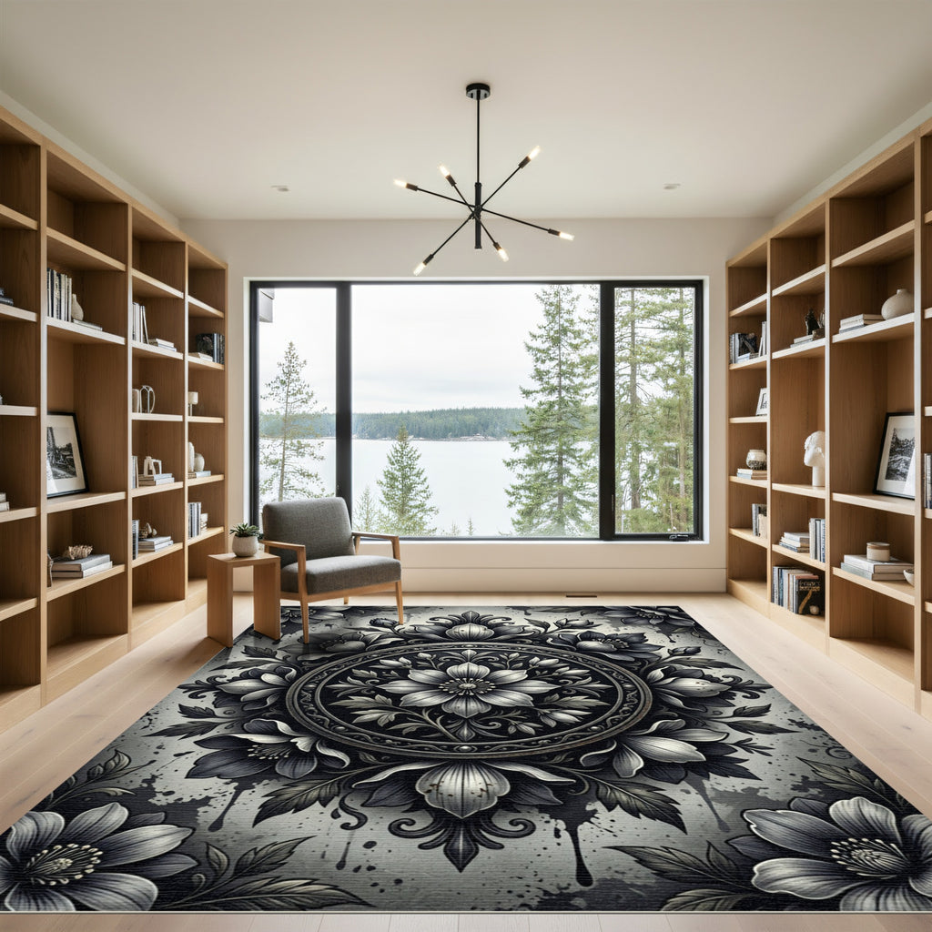 Monochromatic Vintage Floral Medallion Rug