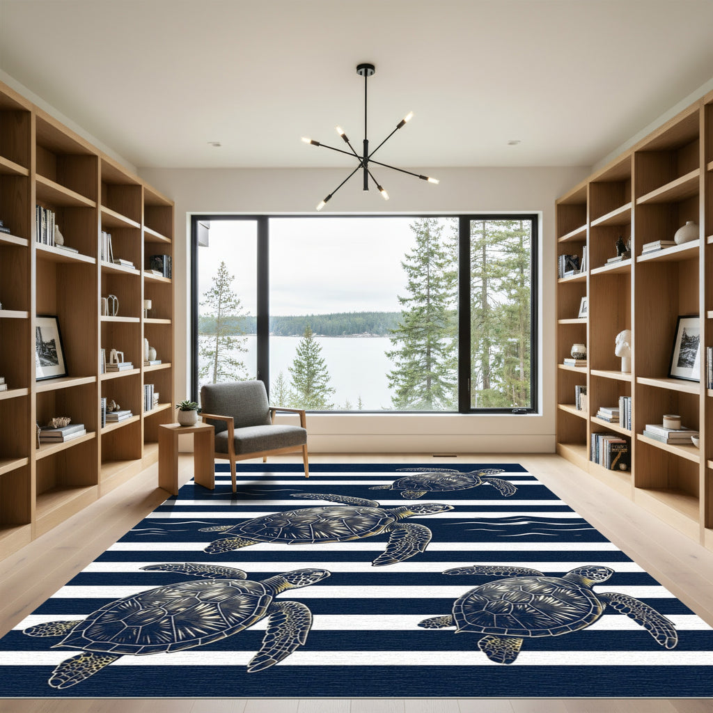 Navy Blue Striped Sea Turtle Art Rug