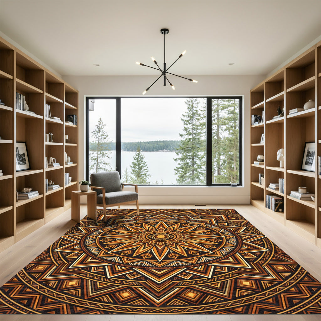 Golden Amber Geometric Sunburst Mandala Rug