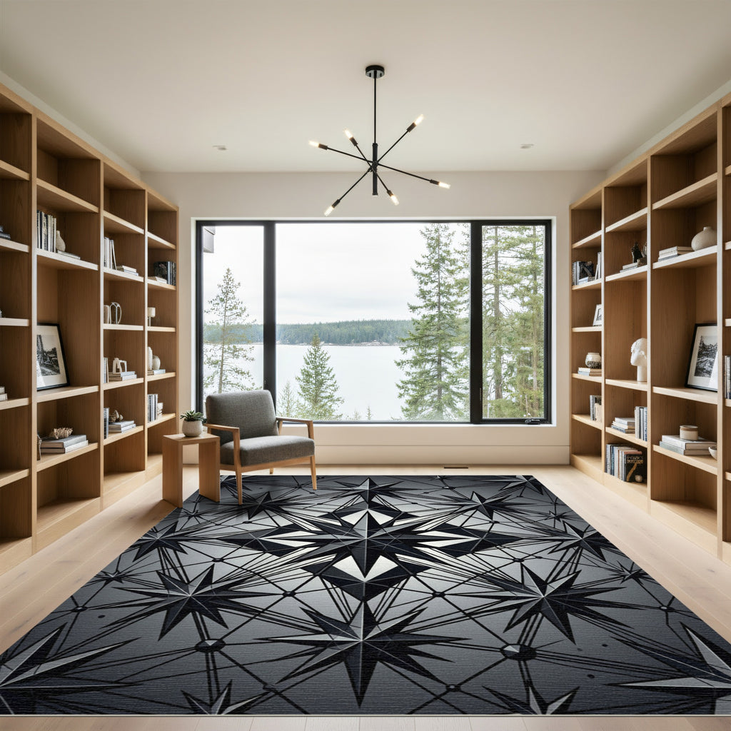 Monochrome Geometric Celestial Star Grid Rug