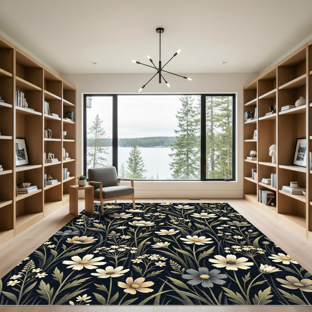 Dark Cream Floral Meadow Garden Rug