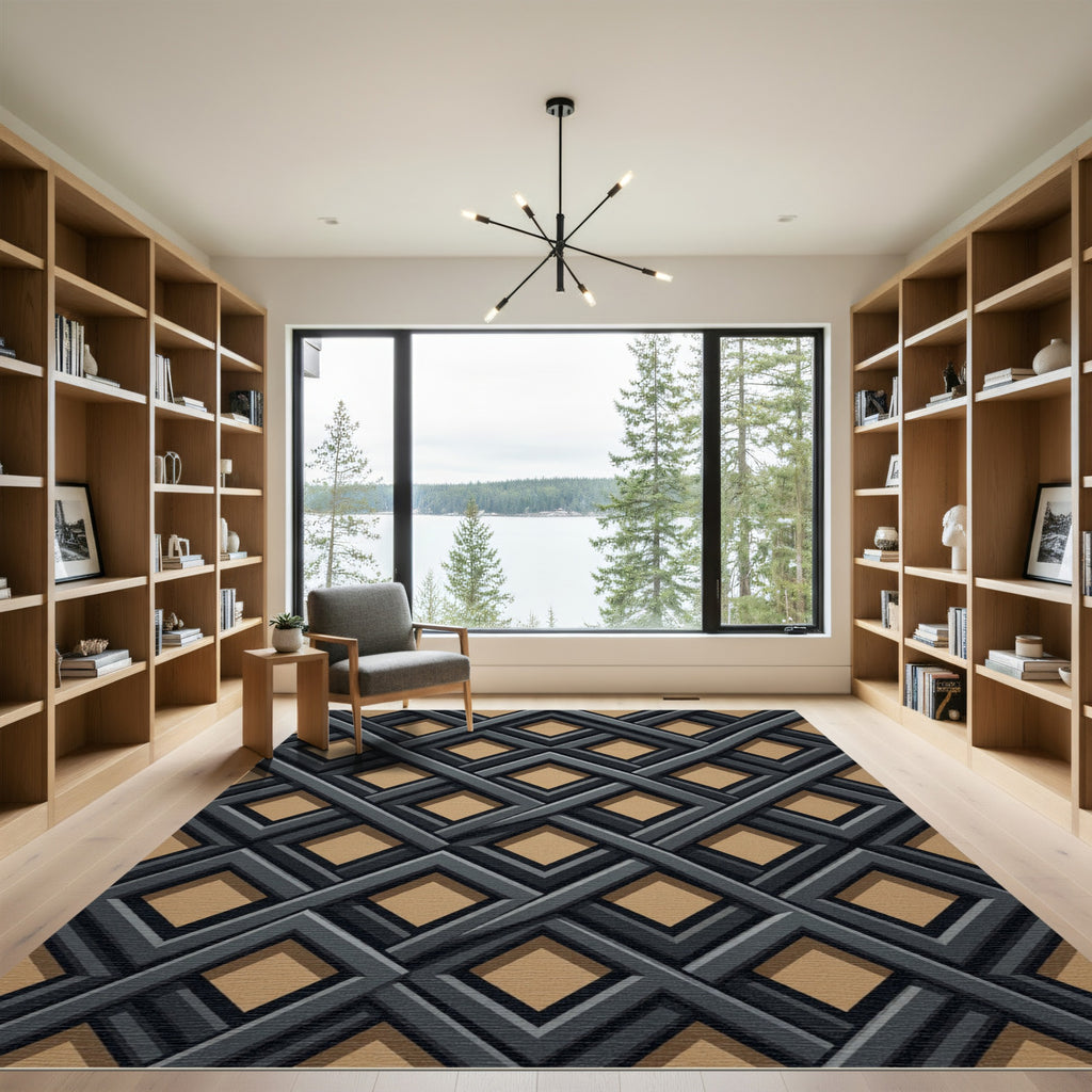 Modern Charcoal Geometric Intersecting Diamond Rug