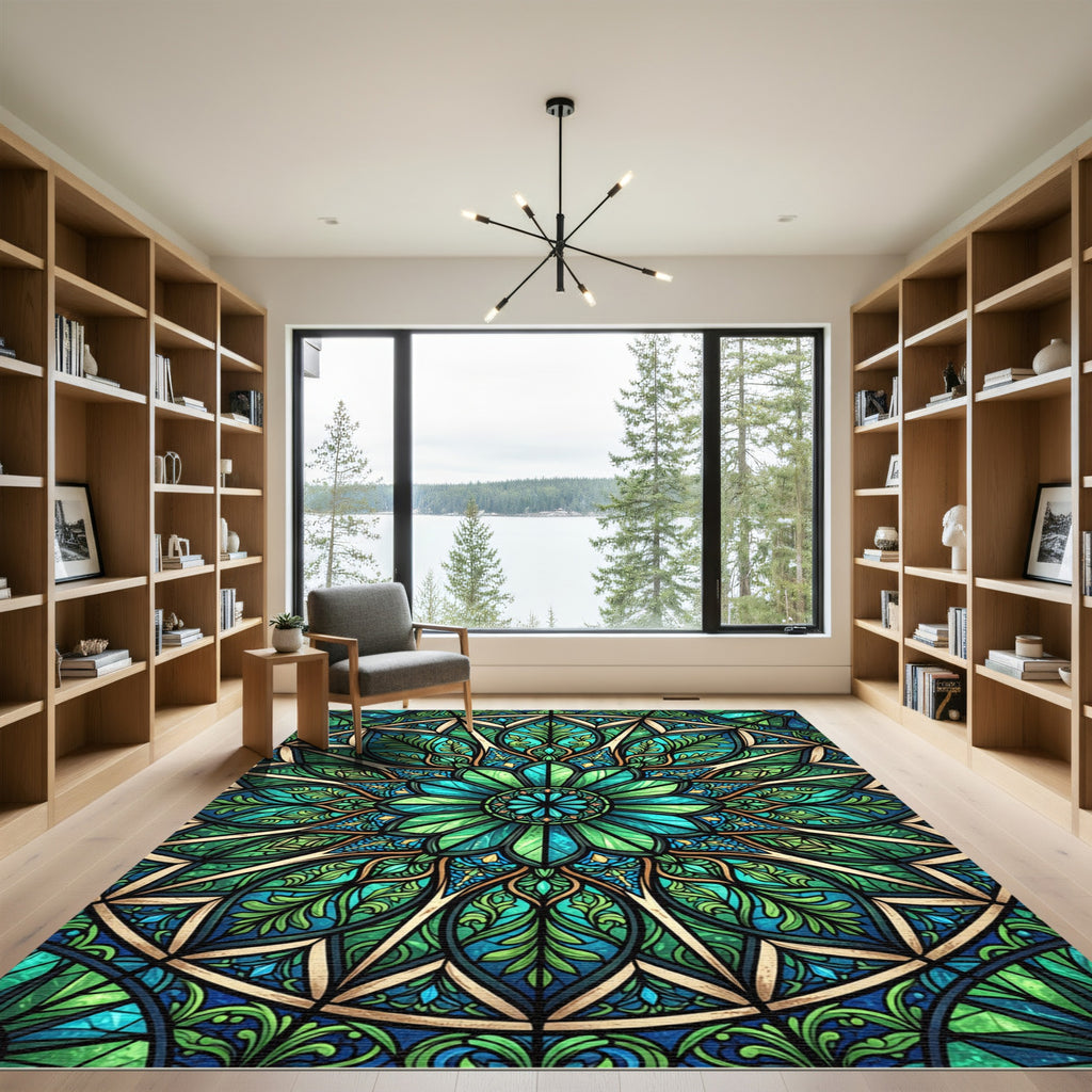 Emerald Stained Glass Radial Bloom Rug
