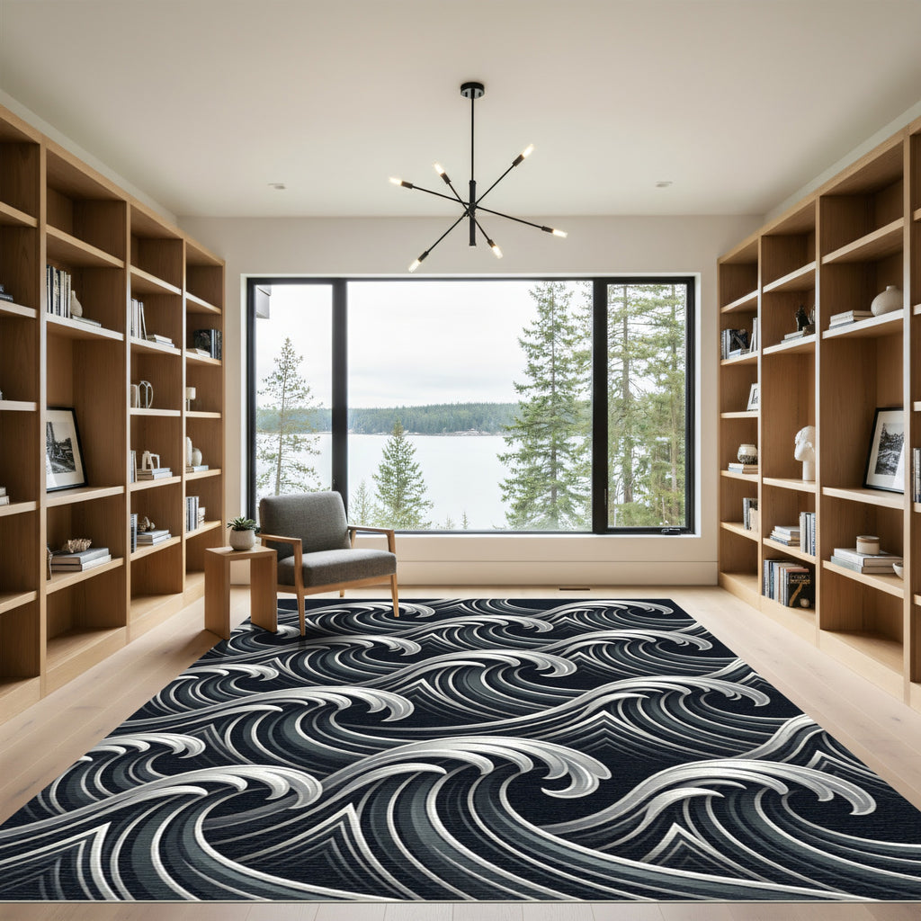 Dramatic Deep Gray Crashing Waves Rug