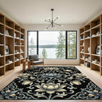 Elegant Monochrome Lotus Floral Scroll Rug
