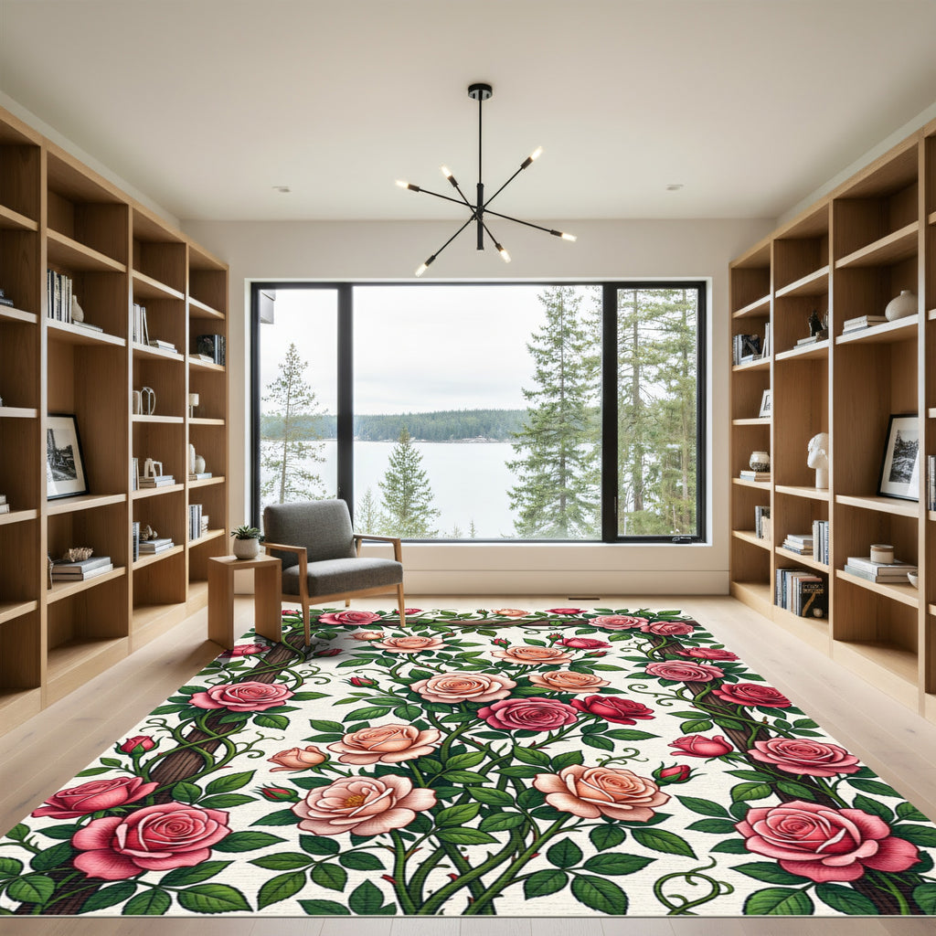 Romantic Pink Rose Trellis Floral Rug