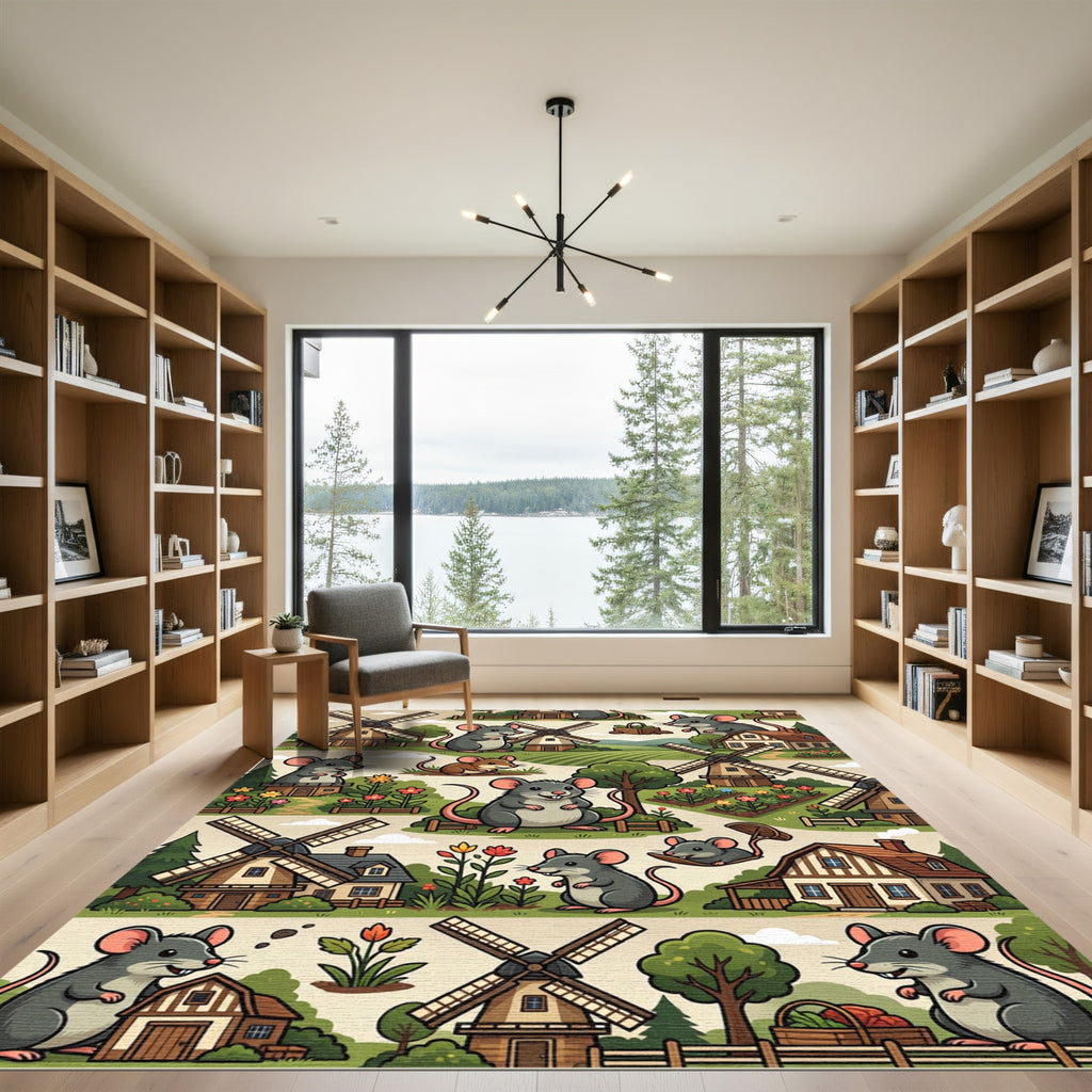 Whimsical Farmhouse Mouse and Windmill Illustration Rug