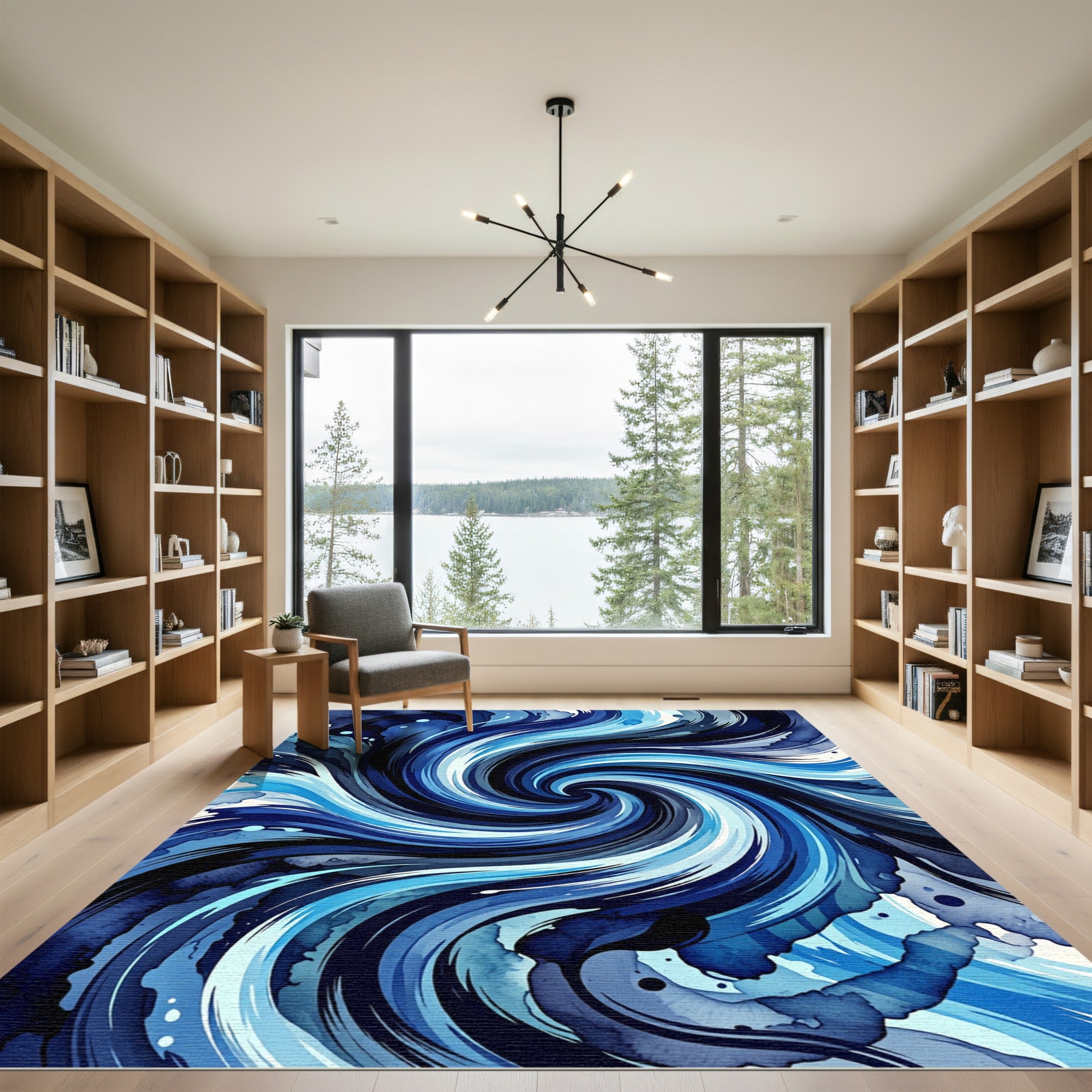 Deep Blue Swirling Watercolor Waves Rug