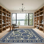 Deep Blue Scroll Leaf Grek Key Rug