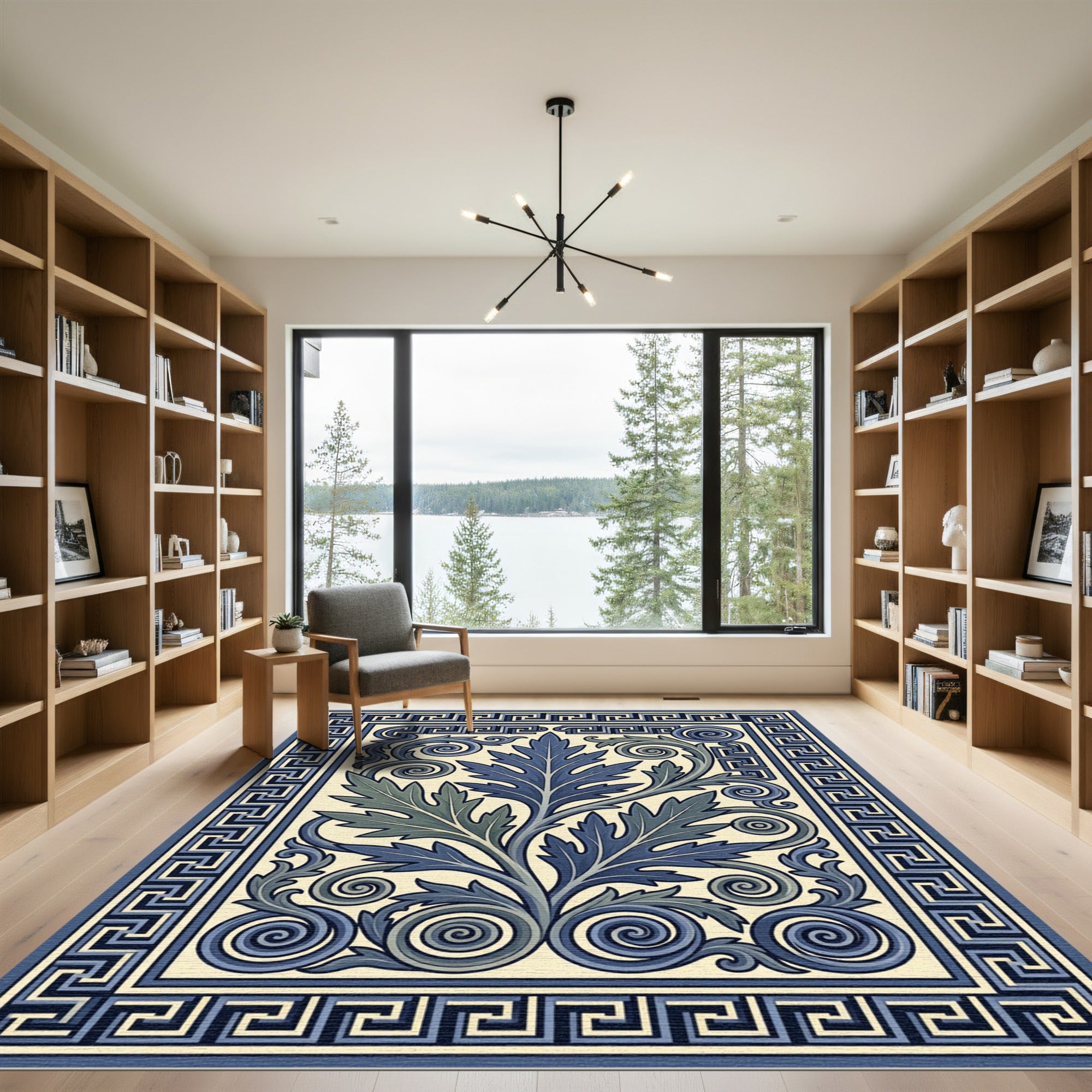 Deep Blue Scroll Leaf Grek Key Rug