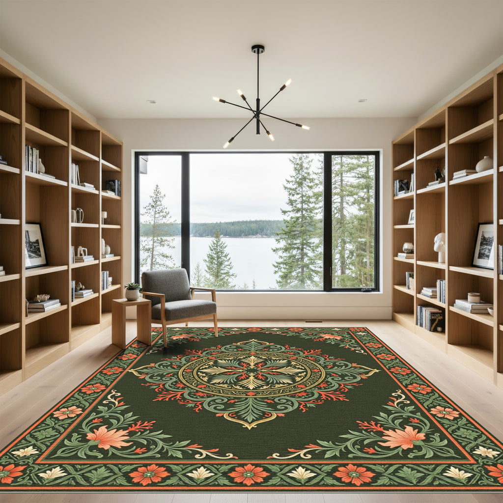 Ornate Botanical Medallion Sage Gold Flourish Rug