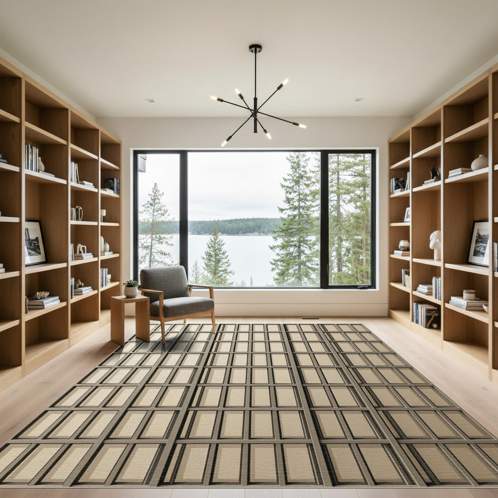 Neutral Beige Rectangular Grid Rug