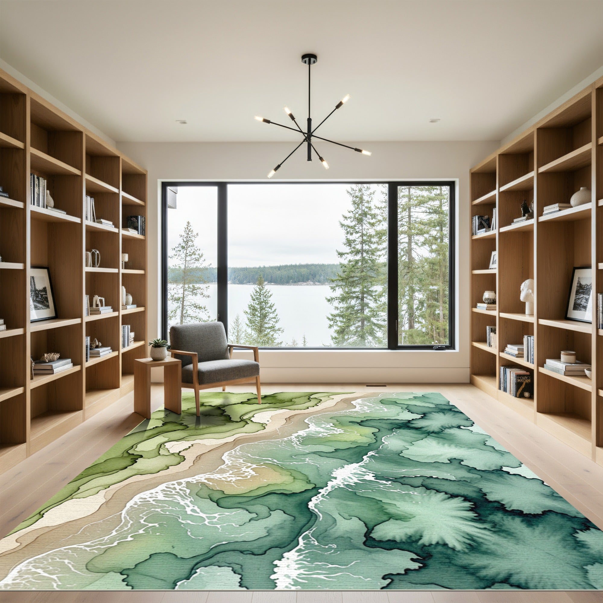 Ethereal Sage Green Coastal Abstract Art Rug