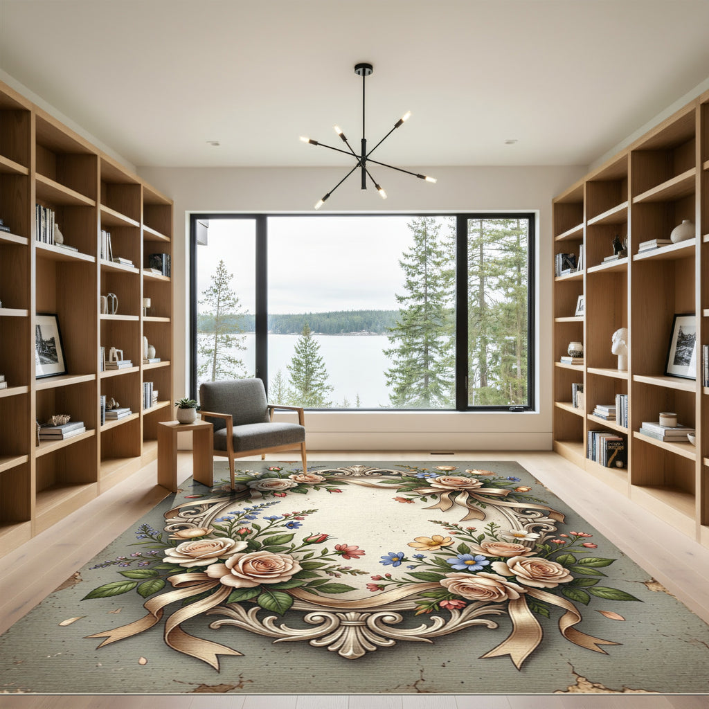 Elegant Beige Rose Ribbon Frame Rug